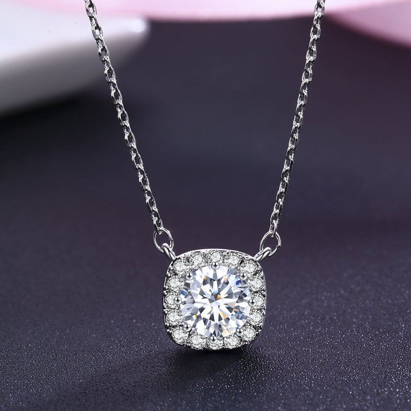 SBLING Platinum Plated Cubic Zirconia Cushion Shape Halo Pendant Necklace - Image 2